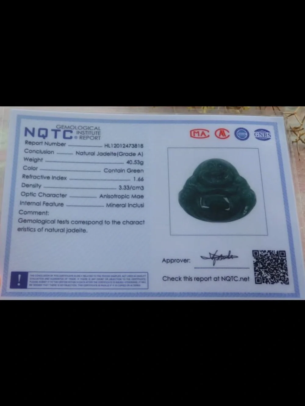 Certificate Jadeite Jade Dark Green Pendant luck Laughing Buddha god